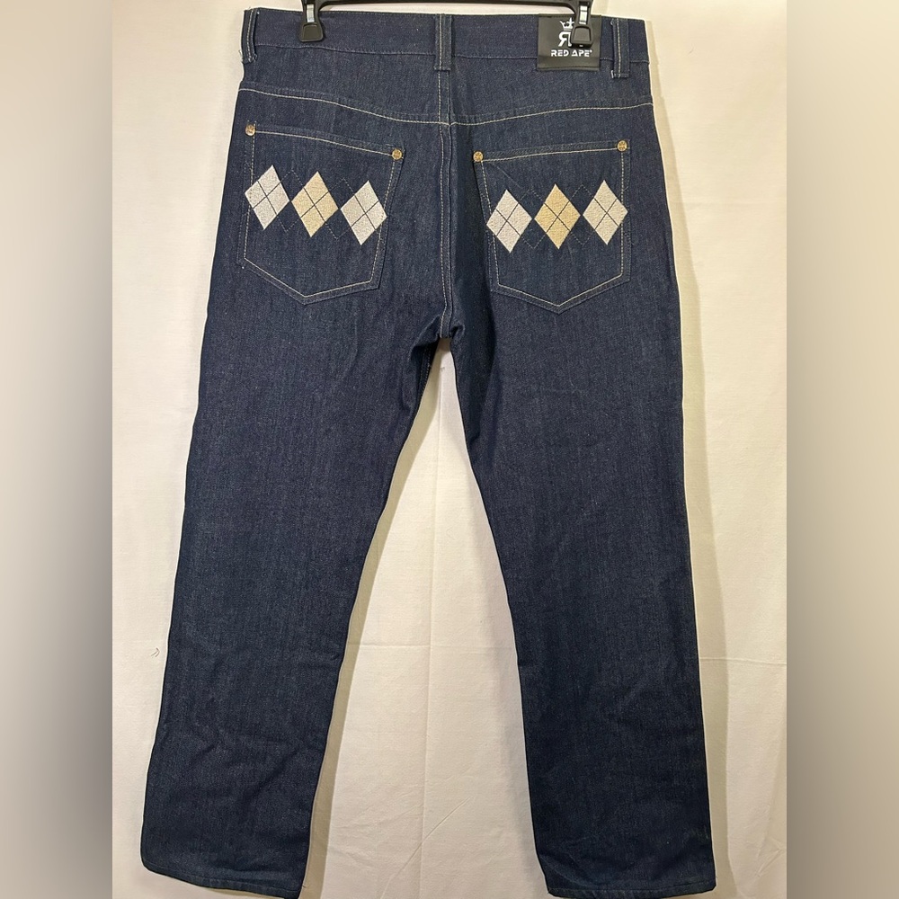 Red Ape Argyle Pocket Design Raw Cotton Denim Jeans Size 38